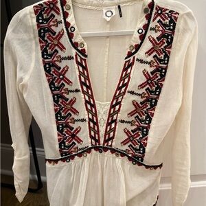 Ivory Embroidered Peasant Blouse with Red & Black Trim
